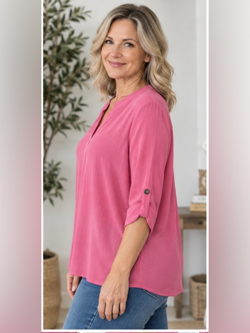 Dear Scarlett Pink Split V-Neck Roll-Tab Sleeve Tunic NWT - Picture 2 of 10